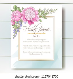 Vector delicate invitation with peony flowers, bluebells for wedding, marriage, bridal, birthday, Valentine's day. Floral border with sketch colorful blossoms. Frame with hand drawn flowers
