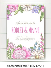 Vector delicate invitation with peony flowers, chamomile,bluebells for wedding, marriage, bridal, birthday, Valentine's day. Floral border with sketch colorful blossoms. Frame with hand drawn flowers