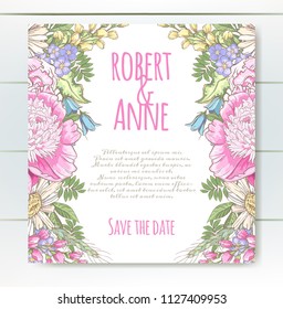 Vector delicate invitation with peony flowers, chamomile,bluebells for wedding, marriage, bridal, birthday, Valentine's day. Floral border with sketch colorful blossoms. Frame with hand drawn flowers