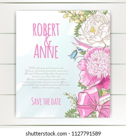 Vector delicate invitation with peony flowers, chamomile,bluebells for wedding, marriage, bridal, birthday, Valentine's day. Floral border with sketch colorful blossoms. Frame with hand drawn flowers