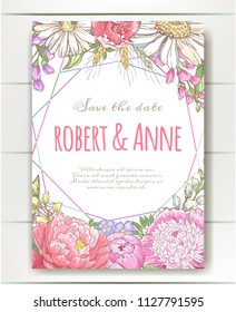 Vector delicate invitation with peony flowers, chamomile,bluebells for wedding, marriage, bridal, birthday, Valentine's day. Floral border with sketch colorful blossoms. Frame with hand drawn flowers