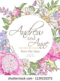 Vector delicate invitation with peony flowers, chamomile,bluebells for wedding, marriage, bridal, birthday, Valentine's day. Floral border with sketch colorful blossoms. Frame with hand drawn flowers