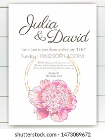 Vector delicate invitation with peony  flowers for wedding, marriage, bridal, birthday, Valentine's day. Beautiful flower composition. Summer composition. 