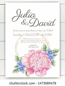 Vector delicate invitation with peony  flowers for wedding, marriage, bridal, birthday, Valentine's day. Beautiful flower composition. Summer composition. 