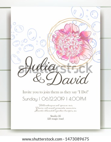 Vector delicate invitation with peony  flowers for wedding, marriage, bridal, birthday, Valentine's day. Beautiful flower composition. Summer composition. 