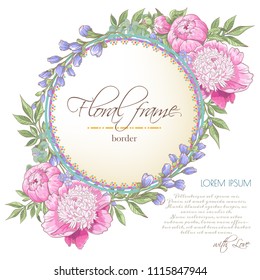 Vector delicate invitation with peony flowers,bluebells,eucaliptus for wedding, marriage, bridal, birthday, Valentine's day. Floral border with sketch colorful blossoms. Frame with hand drawn flowers