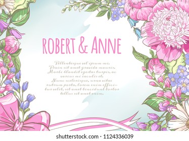 Vector delicate invitation with peony flowers,chamomile and field flower bow with ribbons for wedding, marriage, bridal, birthday, Valentine's day. Round flower composition. Floral border