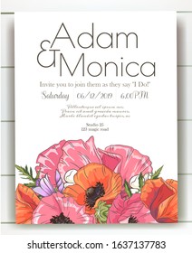 Vector delicate invitation with poppy for wedding, marriage, bridal, birthday, Valentine's day. mothers day