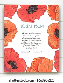 Vector delicate invitation with poppy for wedding, marriage, bridal, birthday, Valentine's day. mothers day