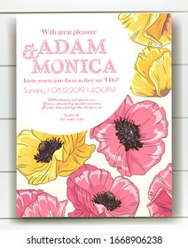 Invitación vectorial delicada con amapola para boda, matrimonio, novia, cumpleaños, día de San Valentín. día de la madre