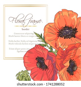 Vector delicate invitation with poppy for wedding, marriage, bridal, birthday, Valentine's day. mothers day