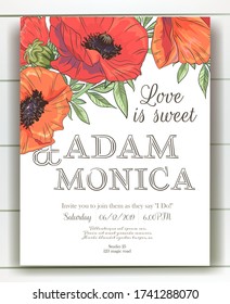 Vector delicate invitation with poppy for wedding, marriage, bridal, birthday, Valentine's day. mothers day