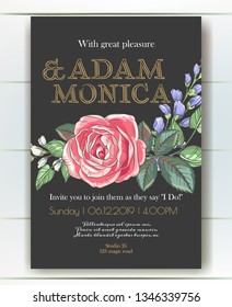 Vector delicate invitation with rose and bluebells for wedding, marriage, bridal, birthday, Valentine's day. Beautiful flower composition on black background. Hello Summer composition. 