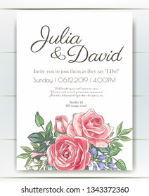 Vector delicate invitation with roses and bluebells for wedding, marriage, bridal, birthday, Valentine's day. Beautiful flower composition. Hello Summer composition. 