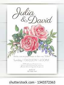 Vector delicate invitation with roses and bluebells for wedding, marriage, bridal, birthday, Valentine's day. Beautiful flower composition. Hello Summer composition. 