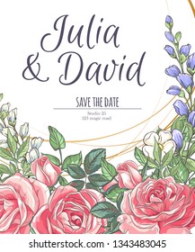Vector delicate invitation with roses and bluebells for wedding, marriage, bridal, birthday, Valentine's day. Beautiful flower composition. Hello Summer composition. 