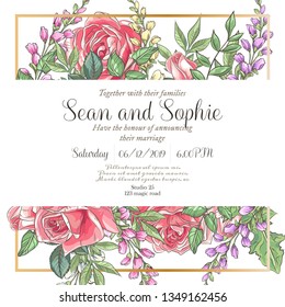 Vector delicate invitation with roses and bluebells for wedding, marriage, bridal, birthday, Valentine's day. Beautiful flower composition. Summer composition. 