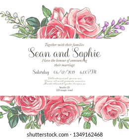 Vector delicate invitation with roses and bluebells for wedding, marriage, bridal, birthday, Valentine's day. Beautiful flower composition. Summer composition. 