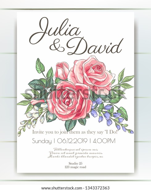 Vector Delicate Invitation Roses Bluebells Wedding Stock Vector