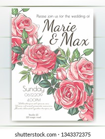 Vector delicate invitation with roses and leaves for wedding, marriage, bridal, birthday, Valentine's day. Beautiful flower composition.  Summer composition. 