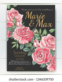 Vector delicate invitation with roses  for wedding, marriage, bridal, birthday, Valentine's day on black background. Beautiful flower composition. Hello Summer composition. 