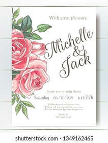 Vector delicate invitation with roses for wedding, marriage, bridal, birthday, Valentine's day. Beautiful flower composition. Summer composition. 