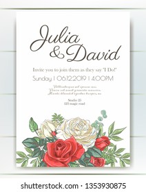Vector delicate invitation with roses for wedding, marriage, bridal, birthday, Valentine's day. Beautiful flower composition. Summer composition. 