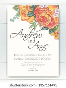 Vector delicate invitation with roses for wedding, marriage, bridal, birthday, Valentine's day. Beautiful flower composition. Summer composition. 