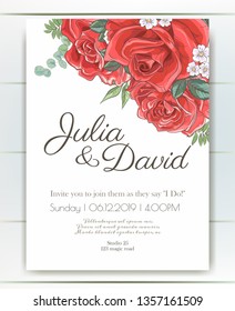 Vector delicate invitation with roses for wedding, marriage, bridal, birthday, Valentine's day. Beautiful flower composition. Summer composition. 