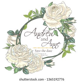Vector delicate invitation with roses for wedding, marriage, bridal, birthday, Valentine's day. Beautiful flower composition. Summer composition. 