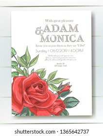 Vector delicate invitation with roses for wedding, marriage, bridal, birthday, Valentine's day. Beautiful flower composition. Summer composition