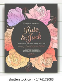Vector delicate invitation with roses for wedding, marriage, bridal, birthday, Valentine's day. Beautiful flower composition. Summer composition. 