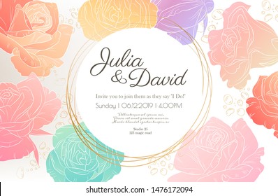 Vector delicate invitation with roses for wedding, marriage, bridal, birthday, Valentine's day. Beautiful flower composition. Summer composition. 