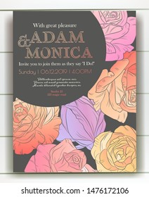 Vector delicate invitation with roses for wedding, marriage, bridal, birthday, Valentine's day. Beautiful flower composition. Summer composition. 
