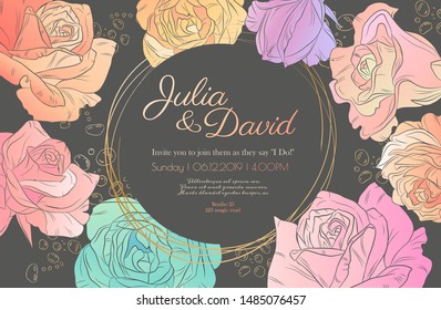 Vector delicate invitation with roses for wedding, marriage, bridal, birthday, Valentine's day. Beautiful flower composition. Summer composition. 