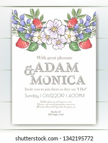 Vector delicate invitation with strawberries and bluebells for wedding, marriage, bridal, birthday, Valentine's day. Beautiful flower composition. Hello Summer composition. 