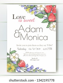 Vector delicate invitation with strawberries. dandelion and bluebells for wedding, marriage, bridal, birthday, Valentine's day. Beautiful flower composition. Hello Summer composition