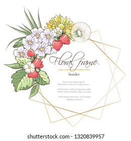 Vector delicate invitation with strawberry, flowers and leaves for wedding, marriage, bridal, birthday, Valentine's day. Floral border with sketch colorful blossoms. Frame with hand drawn flowers