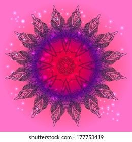 vector delicate lace round floral pattern on shiny background