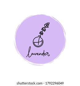 Vector delicate logo with a linear pattern of lavender sprigs in a vase. Logo for essential oils, cosmetics, perfumery, medicine, cafe, flower shop, decor. Vector illustration.