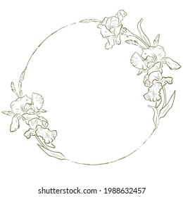 Vector delicate outline hand-drawn wreath of Irises flowers. Vintage mood. Maybe use for wallpaper, textile or card, wedding design.