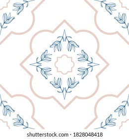 Vector Delicate Peony Leaves Tiles with Geometric Shapes seamless pattern background.