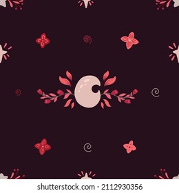 Vector delicate seamless pattern with crescent moon and sakura on dark background. Gentle mystical texture with flower wreaths. Spiritual wallpaper with star and spiral. Celestial tender fabric