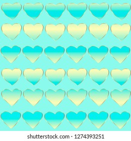 Vector delicate seamless pattern. Gradient soft blue and gold color hearts. Background for textile, wallpaper, wrapping, card, cover page, web site, banner, typographic print.
