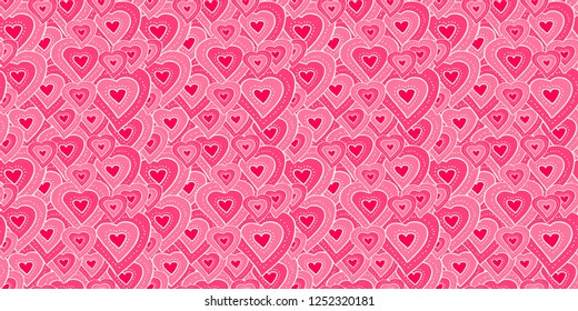Vector delicate seamless pattern hand drawn pink and red hearts in white outlines. Background for baby bedding, textile, wallpaper, wrapping, card, cover page, web site, banner, typographic print.
