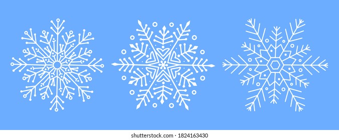 Vector Delicate snowflakes on a blue light background for the decoration of New Years products. Graceful ornaments in the form of snow crystals for new year greeting card for christmas, tags, labels