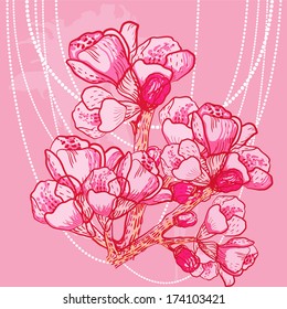vector delicate spring flower on background with pearl threads and splashes