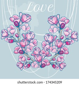 vector delicate spring flower on background with pearl threads and splashes
