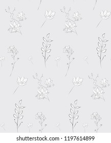 Vector Delicate Subtle Decorative Seamless Background Pattern with Drawn Flowers, Florals, Branches, Wildflowers. Hand Drawn Line Drawing Vector Illustration, with Pattern Swatch