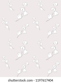 Vector Delicate Subtle Decorative Seamless Background Pattern with Drawn Flowers, Florals, Cotton, Wildflowers. Hand Drawn Line Drawing Vector Illustration, with Pattern Swatch